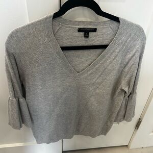 Banana Republic Light Gray V-Neck Sweater with Pleated Sleeve Cuffs